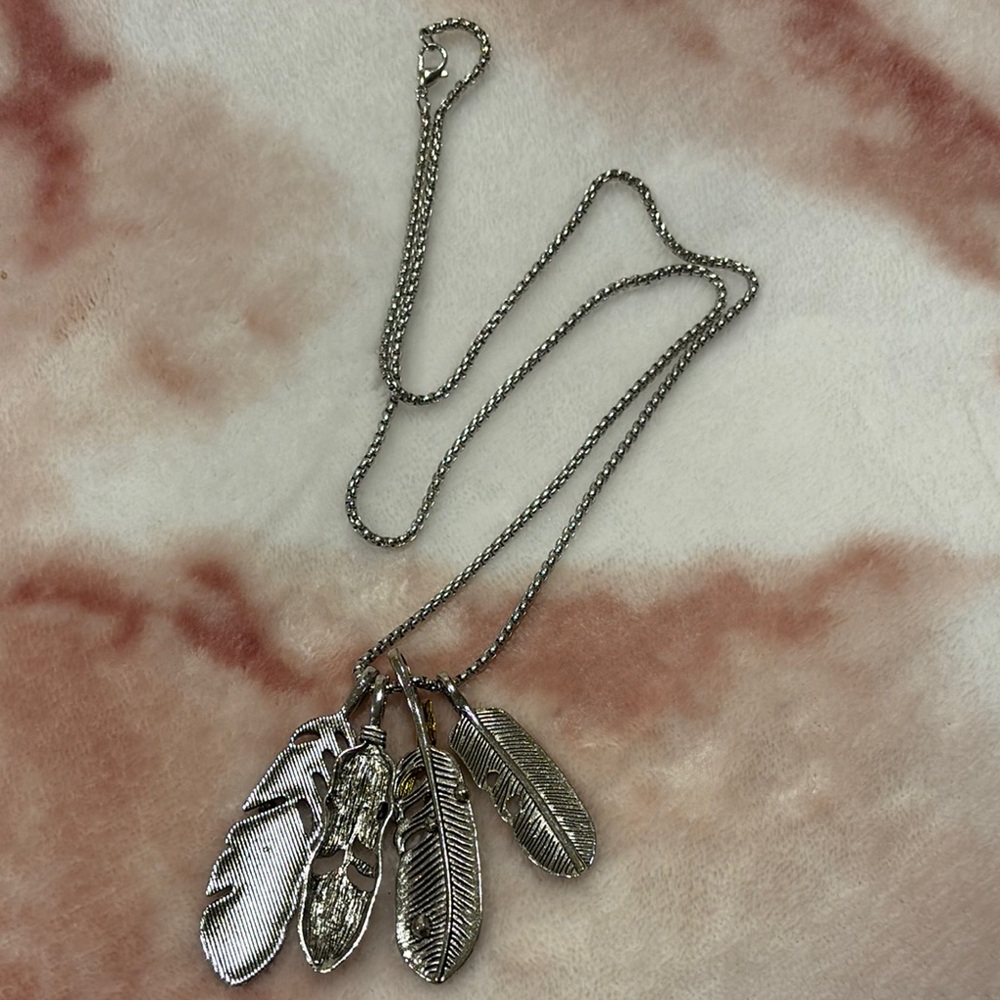 Silver Feather 4 Charm Pendant Necklace with Faux Turquoise and Gold Accents NWT - Picture 12 of 15